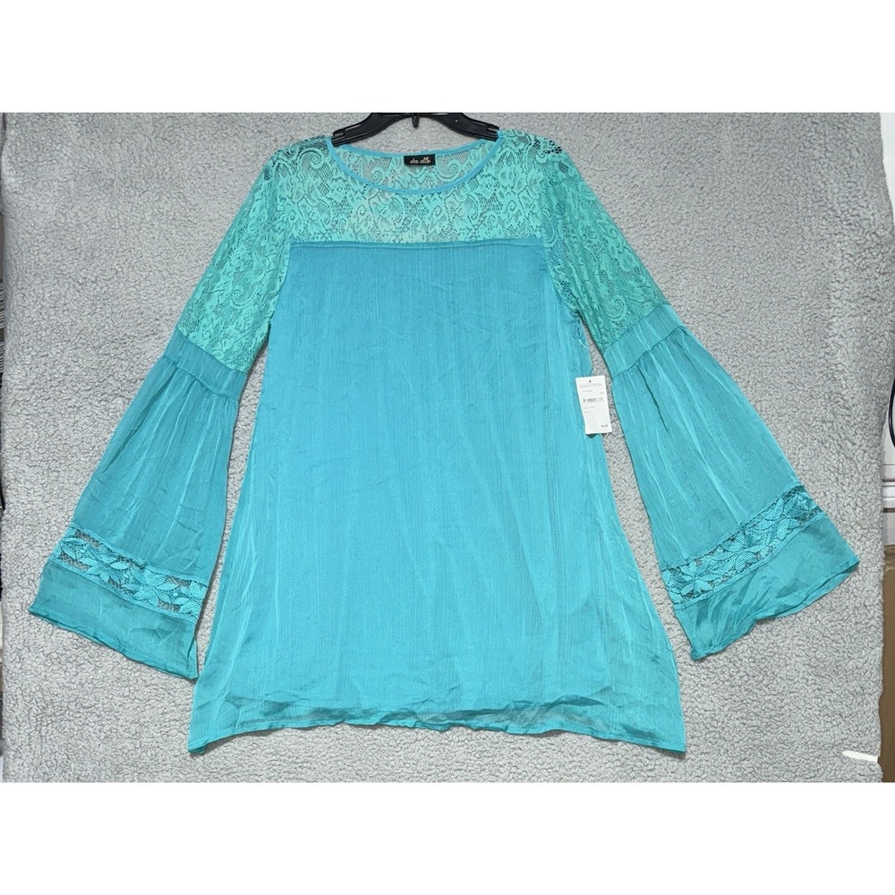 Nordstrom Dee Elle Teal Lace Top Blouse Lace Bell Sleeves Lined Womens L BOHO